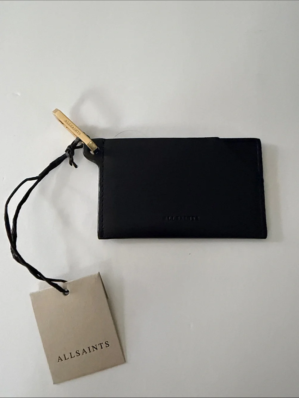 AllSaints Black Leather Card Holder with Gold Key Chain